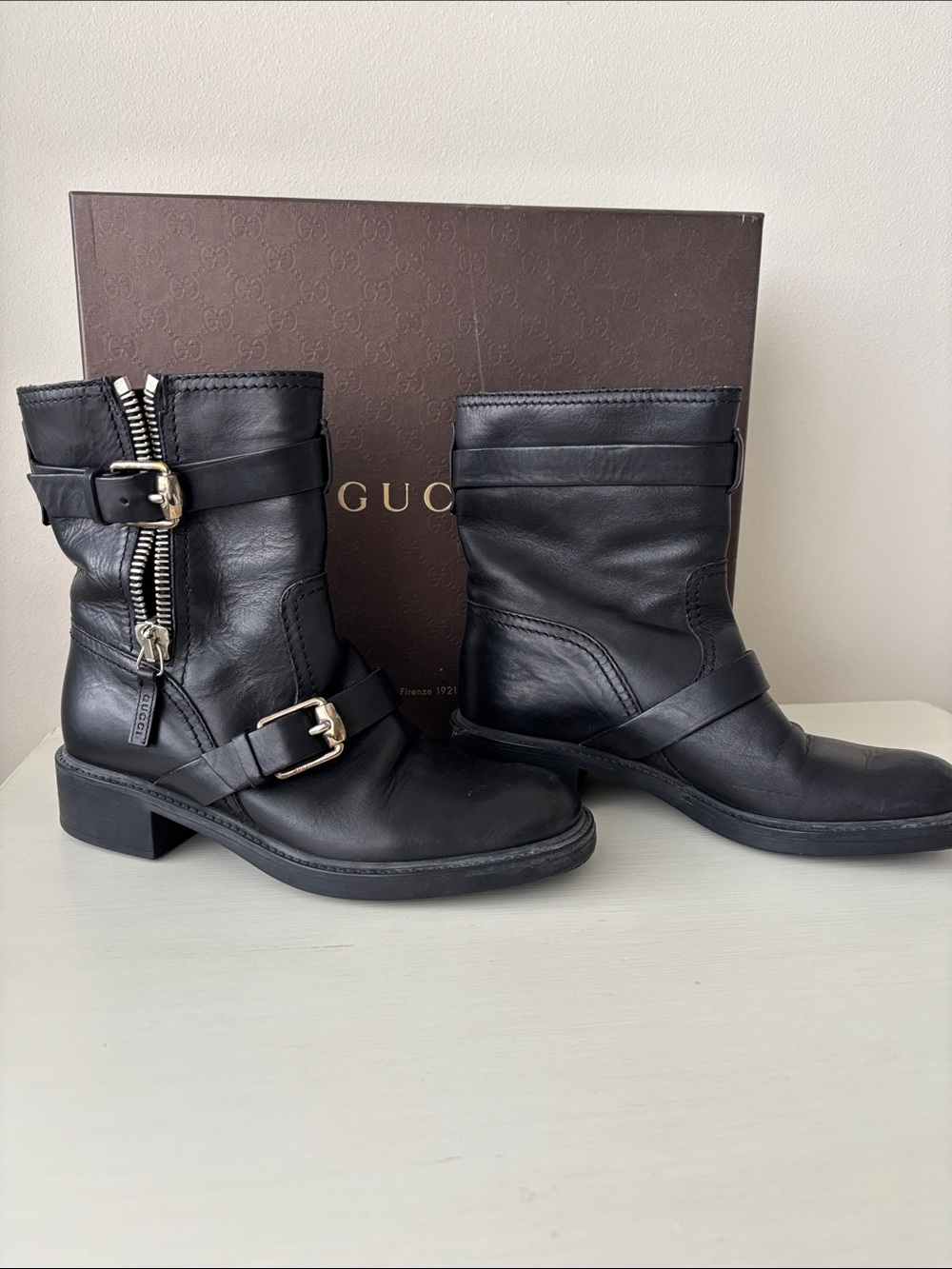 Gucci Black Leather Moto Buckle & Zip Ankle Boots
